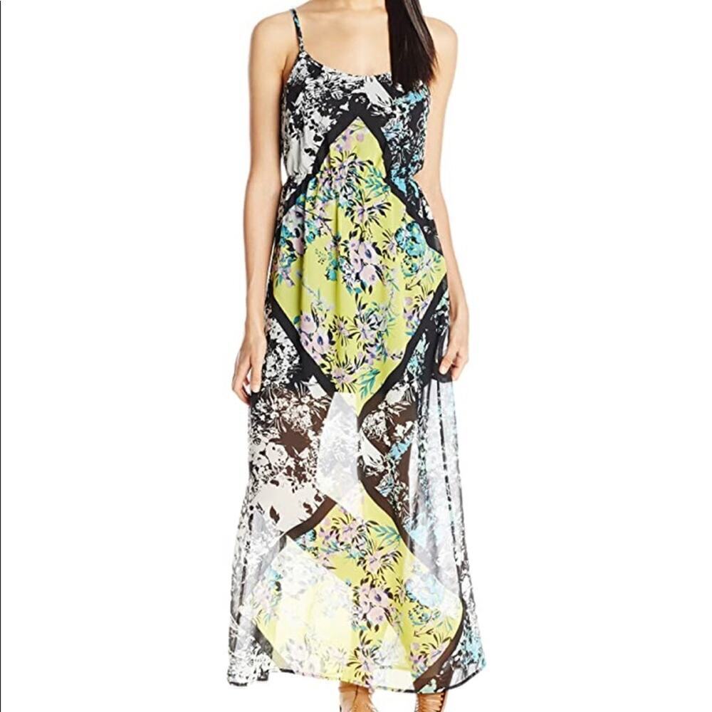 Love, Fire Maxi Floral Semi Sheer Open Back Spaghetti Strap Dress